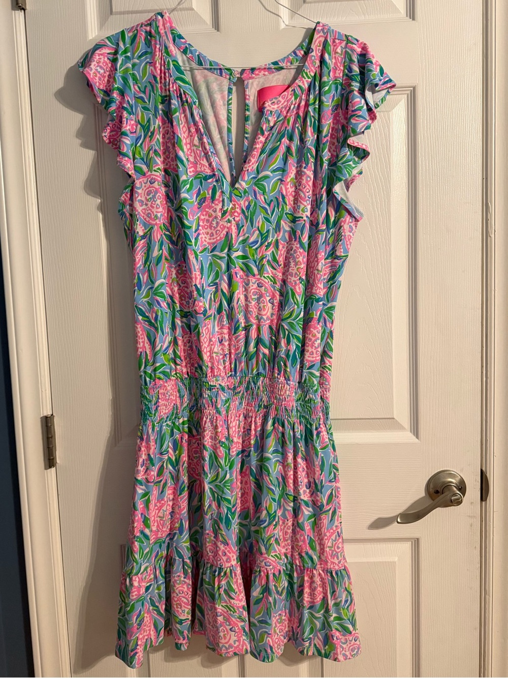Lilly Pulitzer Tropical Print Ruffle Sleeve Smocked Waist Dress Size M